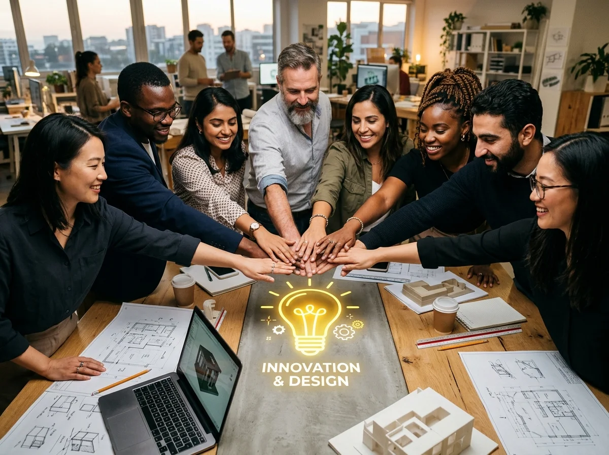 AIM Global collaborative team hands around innovative design concept