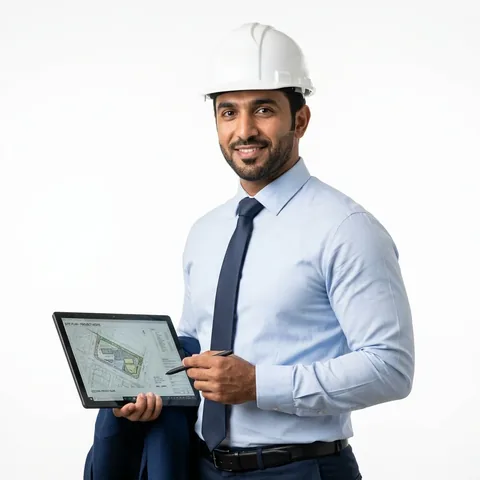 AIM Global engineer reviewing a site plan on a tablet